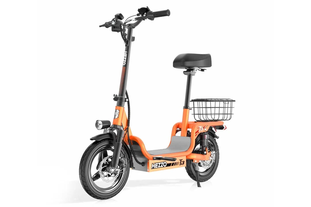 HEZZO T3 Electric Scooter with Basket – 750W Motor Peak, 48V 15Ah Battery, 14" Tires, 31-Mile Range, Front & Rear Suspension