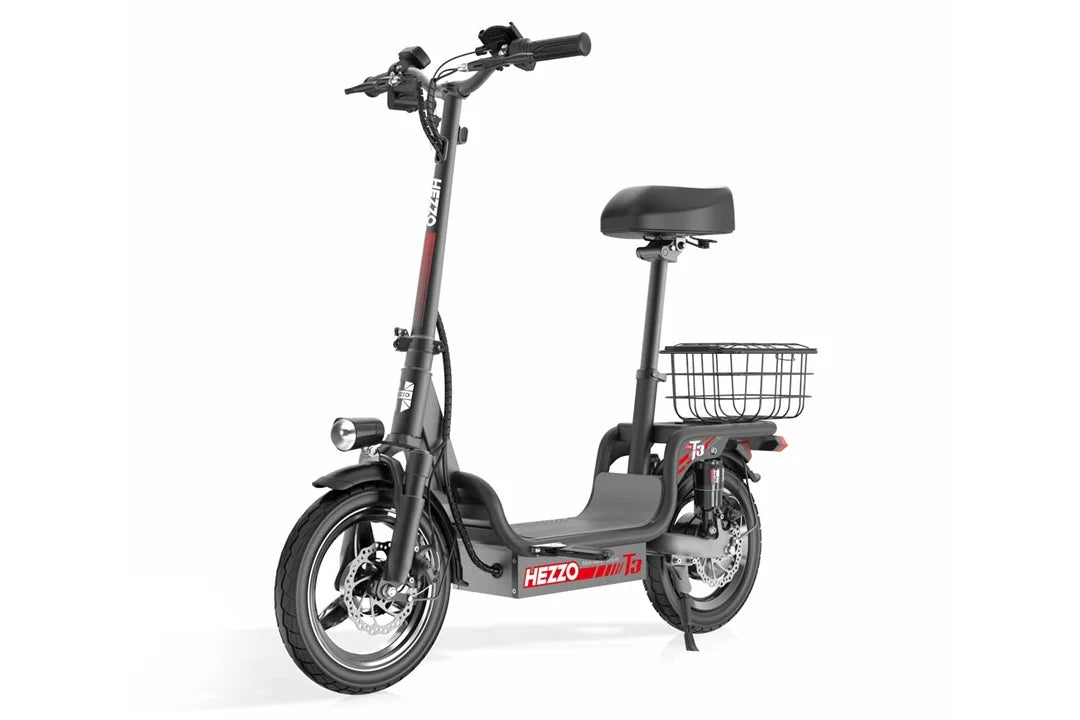 HEZZO T3 Electric Scooter with Basket – 750W Motor Peak, 48V 15Ah Battery, 14" Tires, 31-Mile Range, Front & Rear Suspension